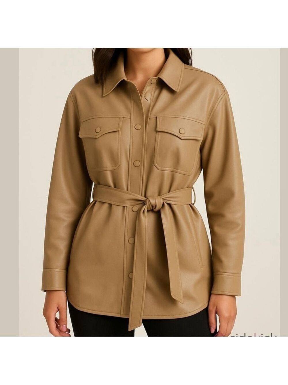Addition Elle Beige faux Leather Jacket with Belted Waist shirt jacket size 14